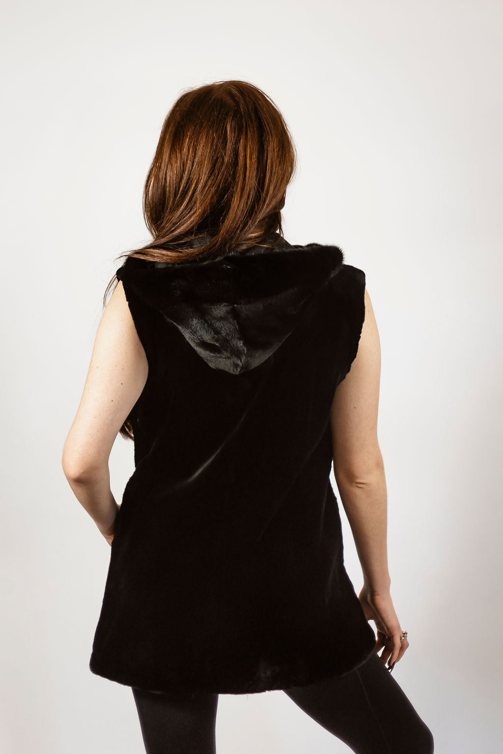 Black sheared mink hooded and reversible vest