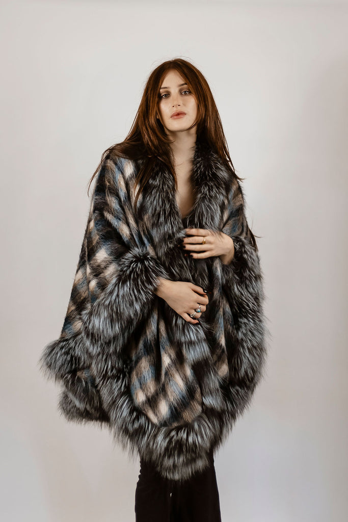 Blue plaid alpaca cape with dyed silver fox trim