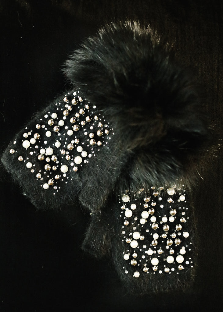 Black Jeweled Knit Hand Warmer w/ Fox Trim