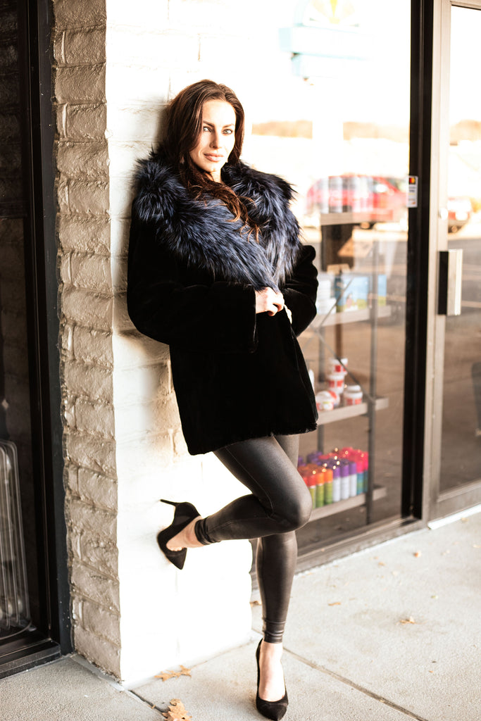 Dyed Black Sheared Beaver W/ Dyed Navy Silver Fox Trim Jacket
