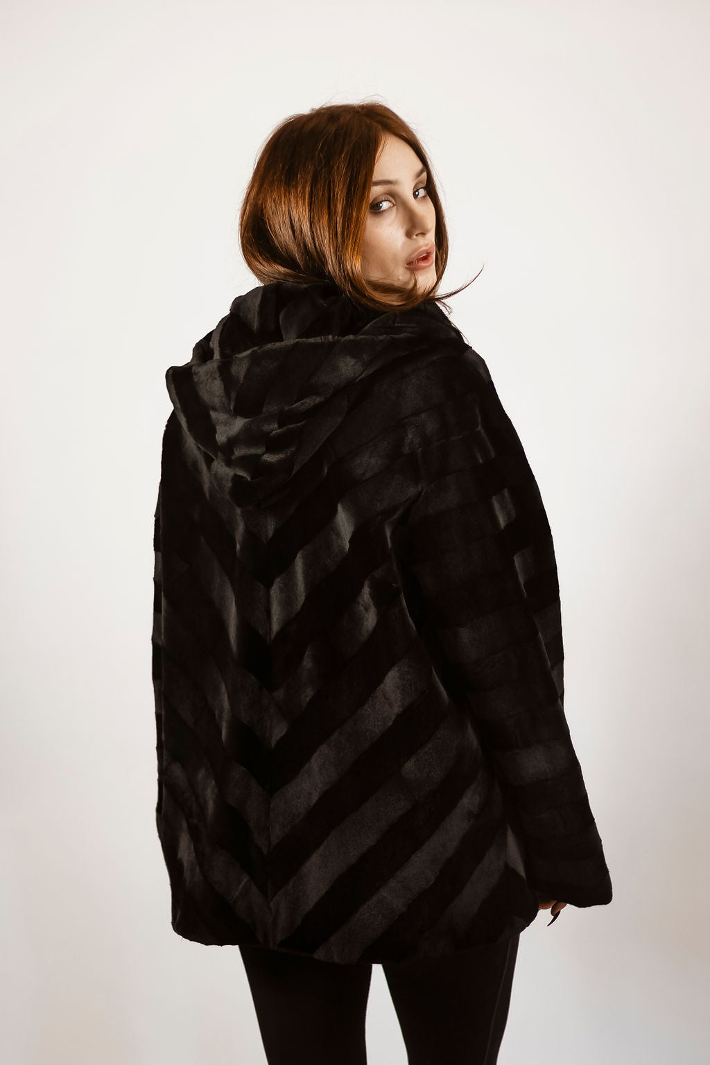 Black sheared mink hooded jacket with chevron design