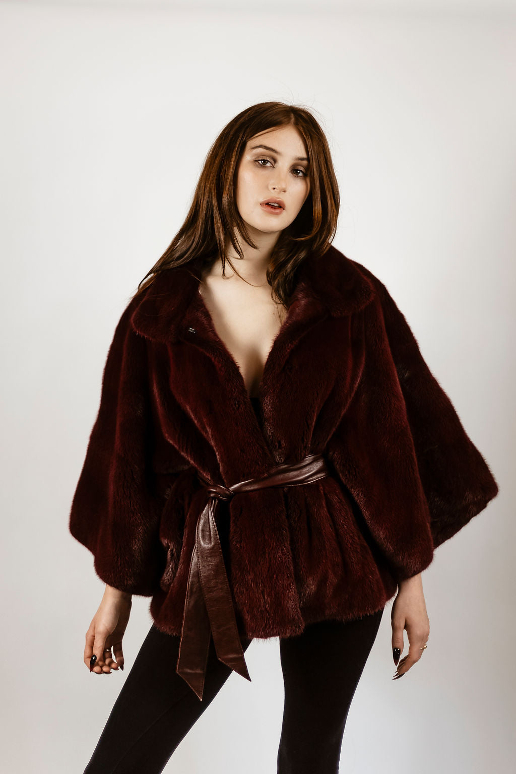 Dyed Crimson Red Mink Belted Cape