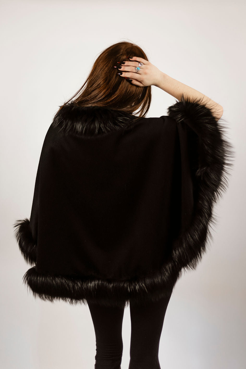 Black cashmere cape with silver fox trim