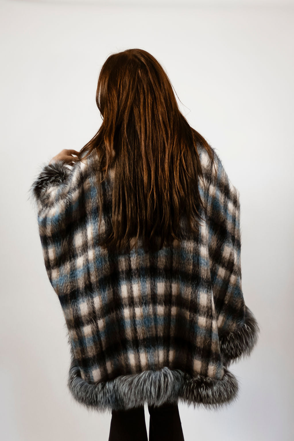 Blue plaid alpaca cape with dyed silver fox trim