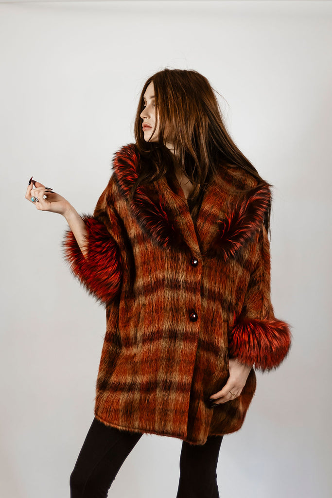 Red plaid alpaca hooded cape with dyed silver fox trim