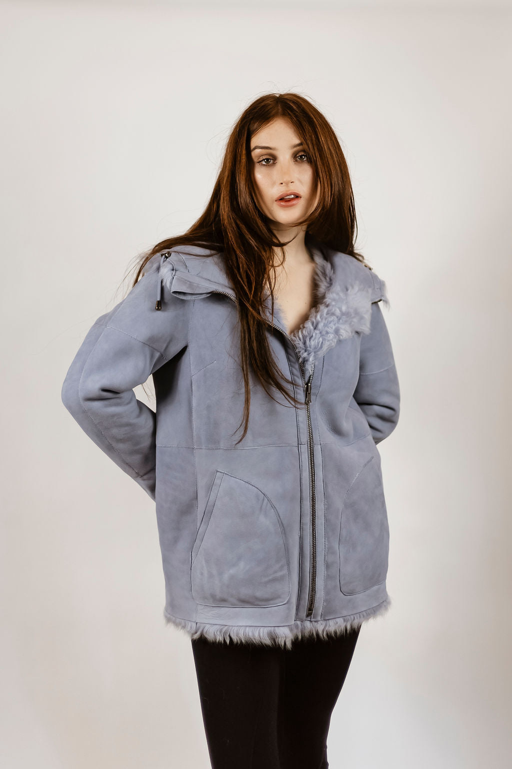Baby Blue Shearling reversible, hooded jacket