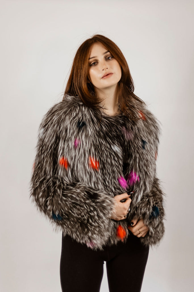 Natural Silver Feathered Fox Multi Color Jacket