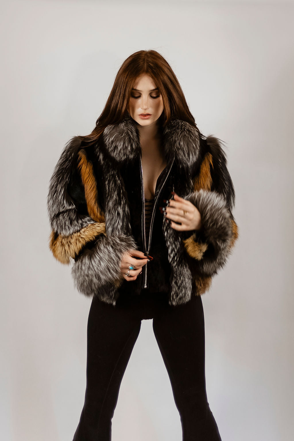 Natural Silver and Red Fox Jacket With black sheared rex