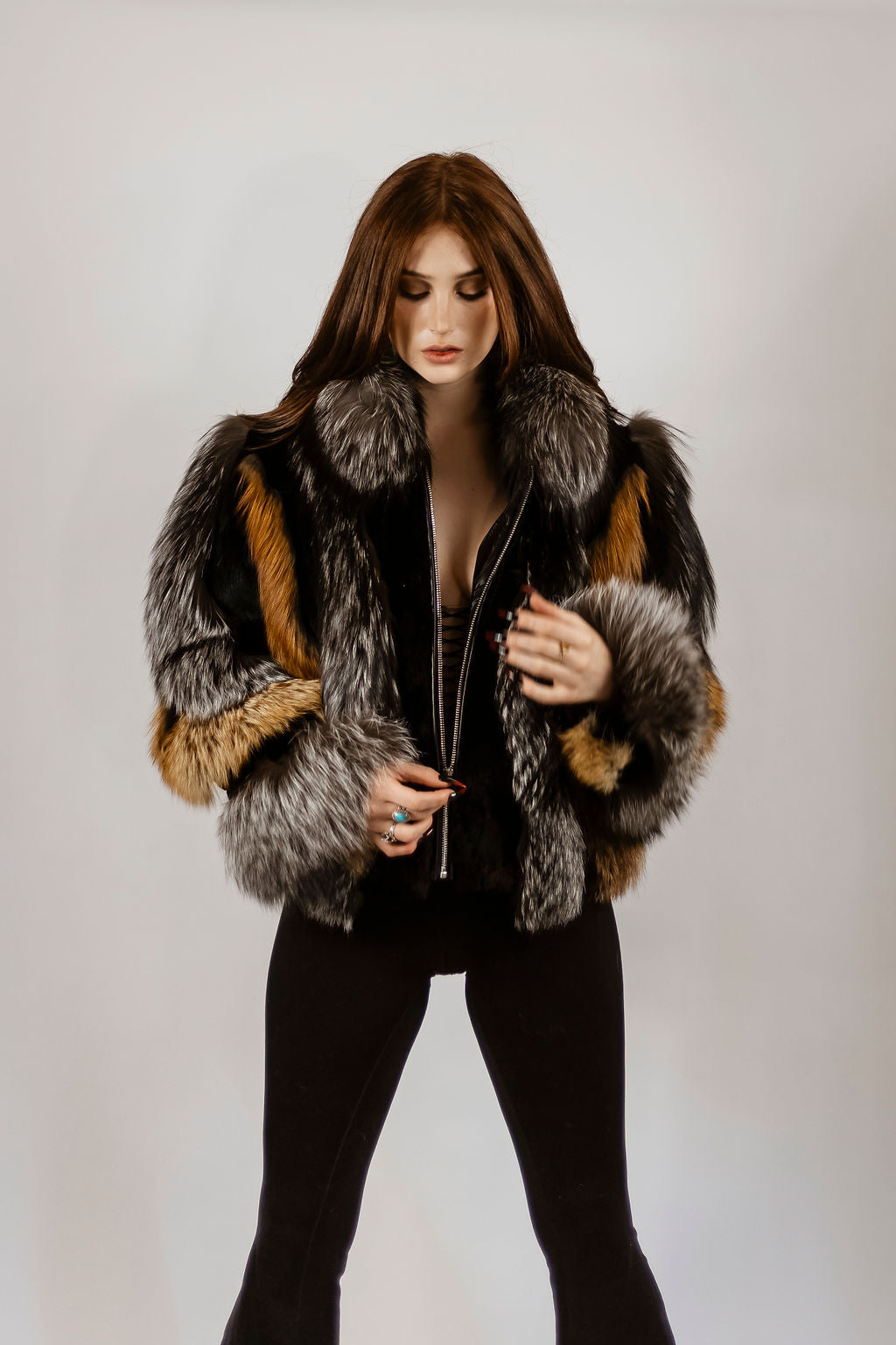 Natural Silver and Red Fox Jacket With black sheared rex rabbit