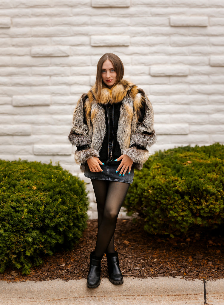 Natural Red and Silver Fox Jacket with Black Rex Rabbit Trim