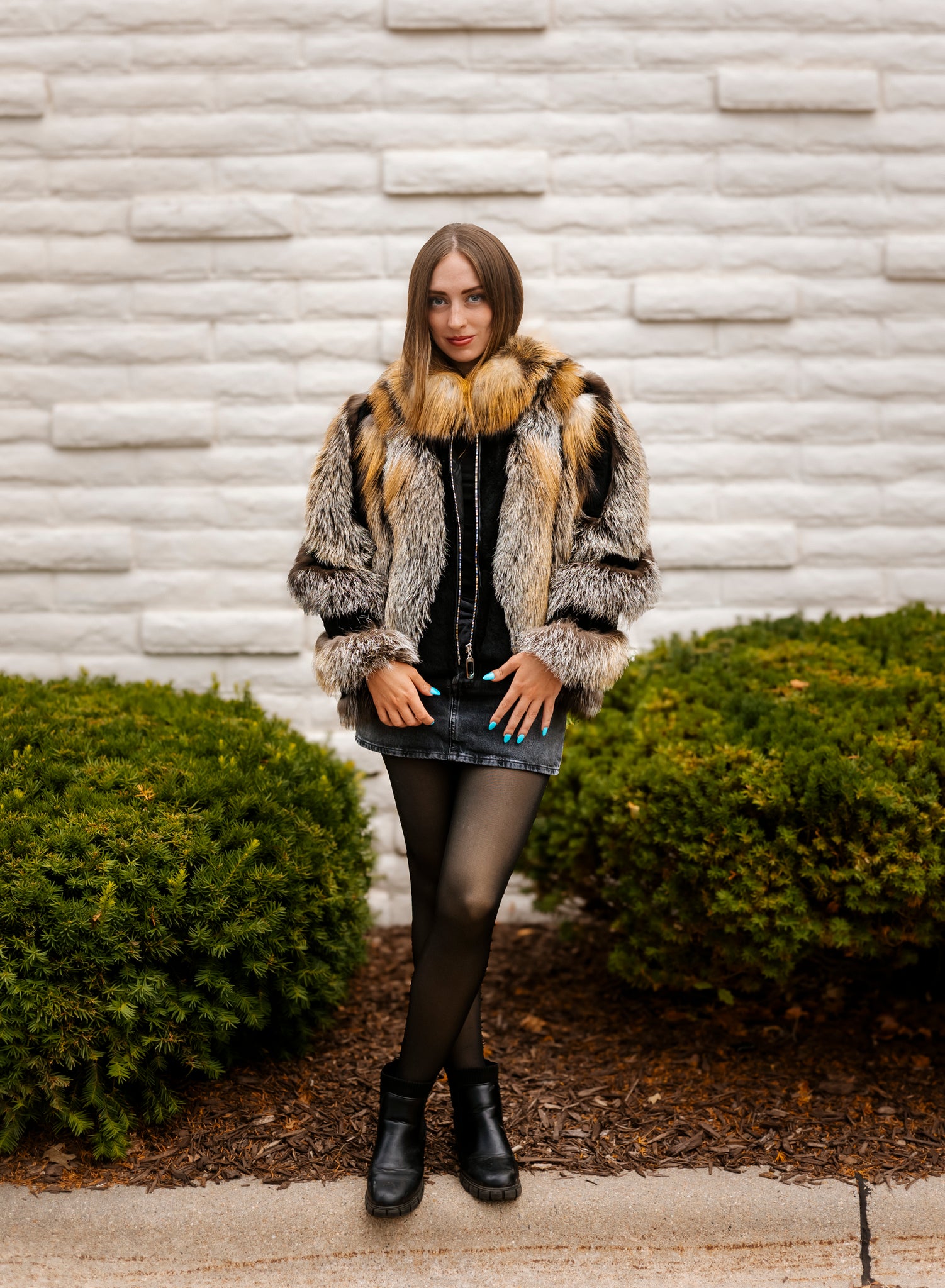 Natural Red and Silver Fox Jacket with Black Rex Rabbit Trim