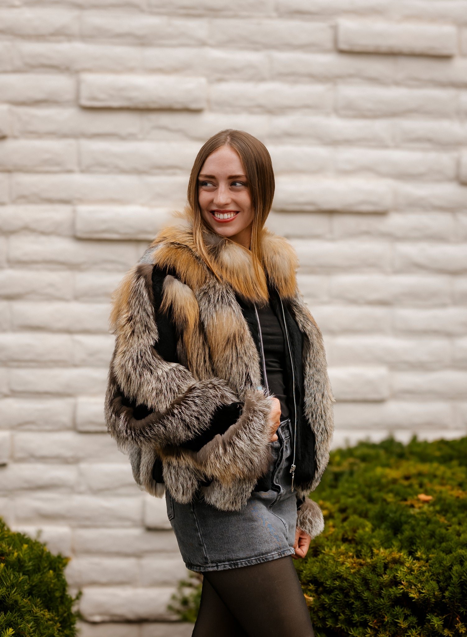 Natural Red and Silver Fox Jacket with Black Rex Rabbit Trim