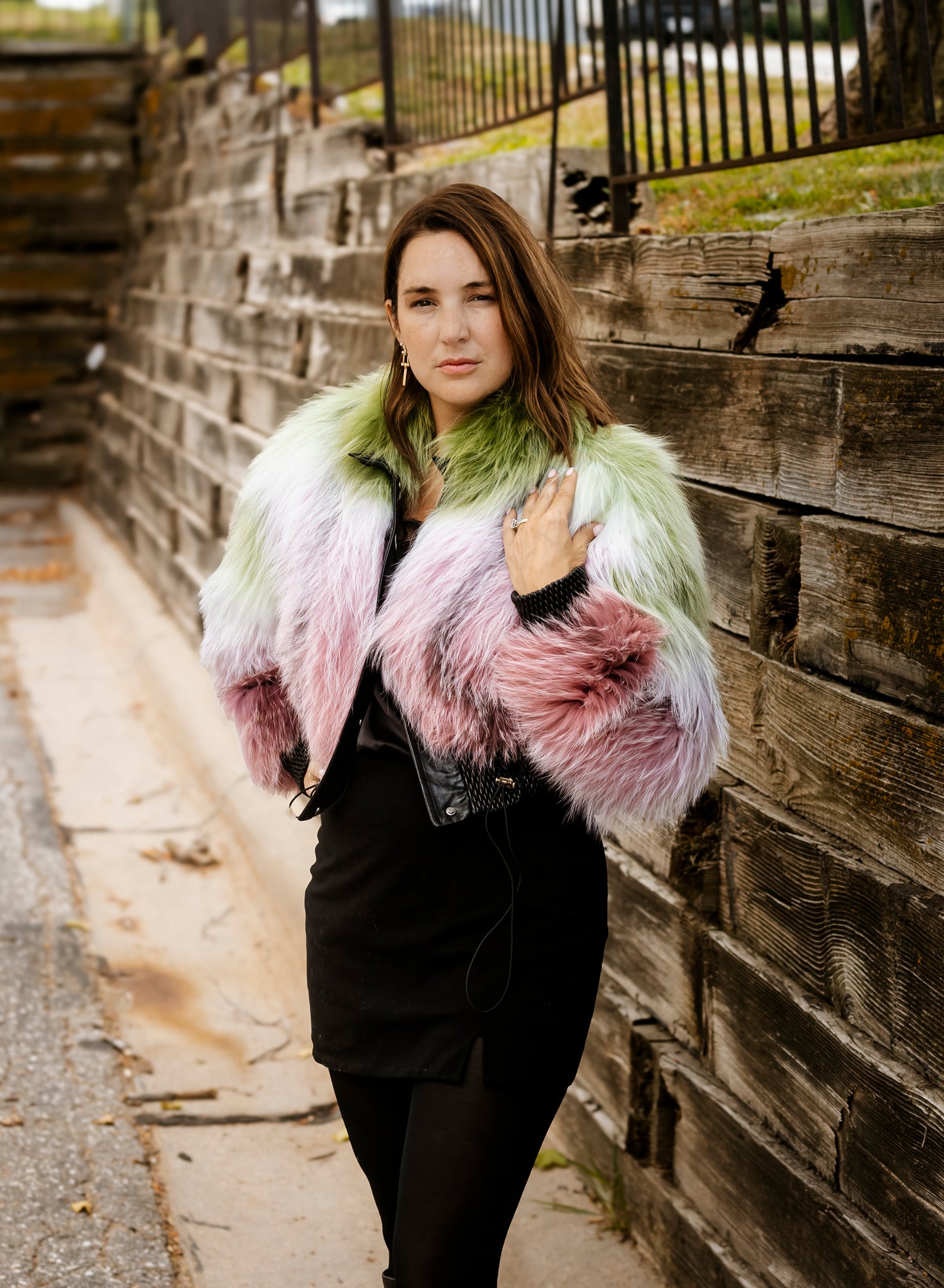 Dyed Green & Pink Fox w/ Leather Jacket