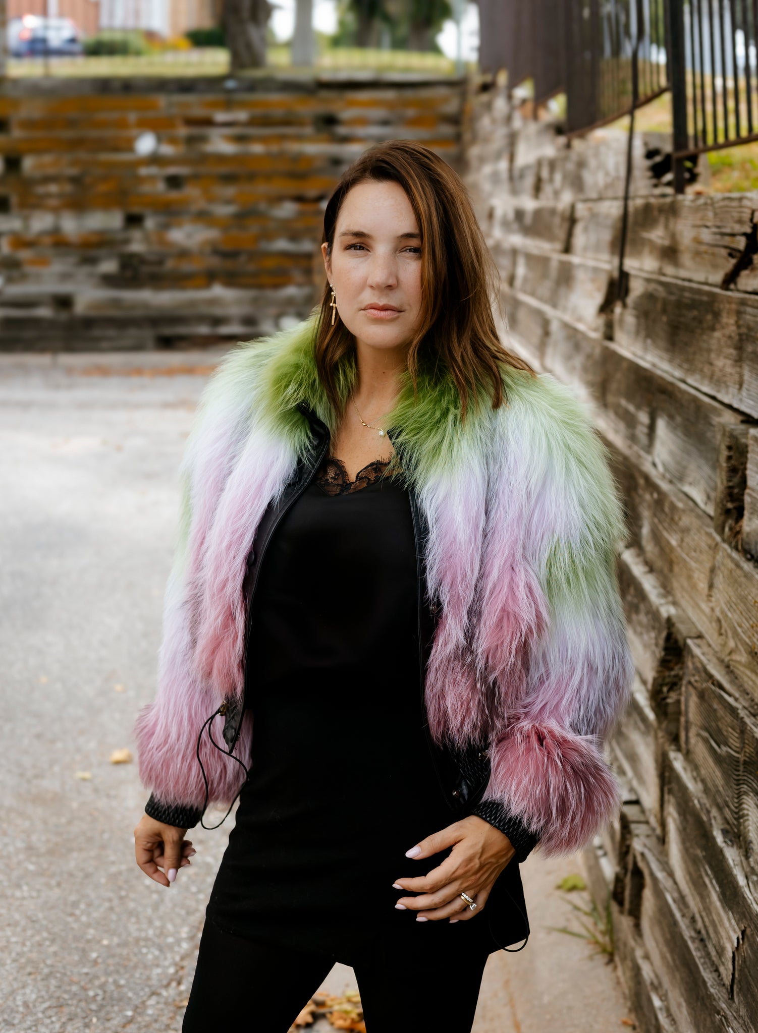 Dyed Green & Pink Fox w/ Leather Jacket