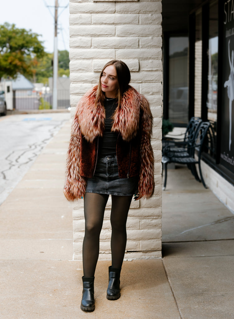 Dyed Burgundy Shearling w/ Fox Trim Jacket