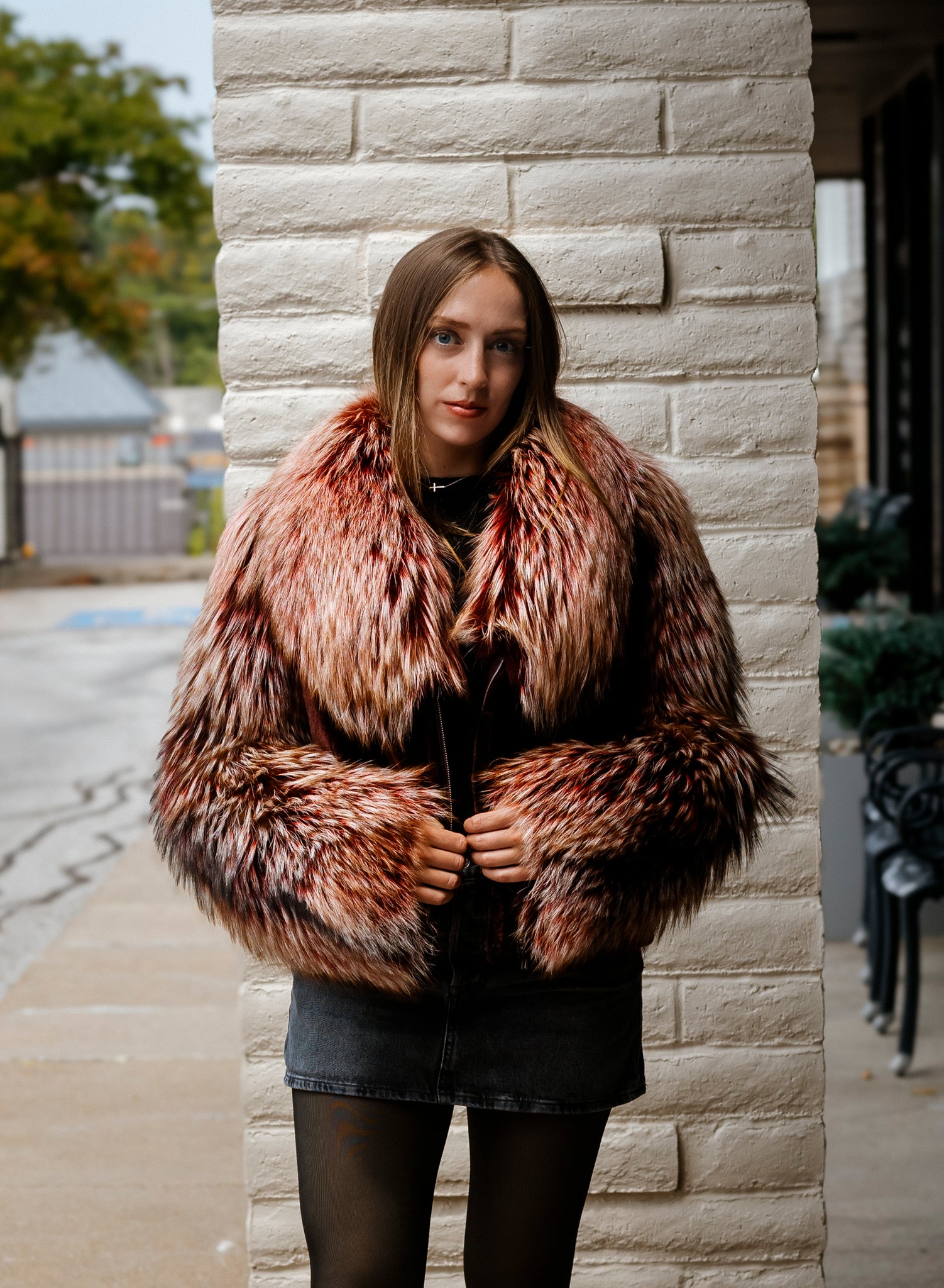Dyed Burgundy Shearling w/ Fox Trim Jacket