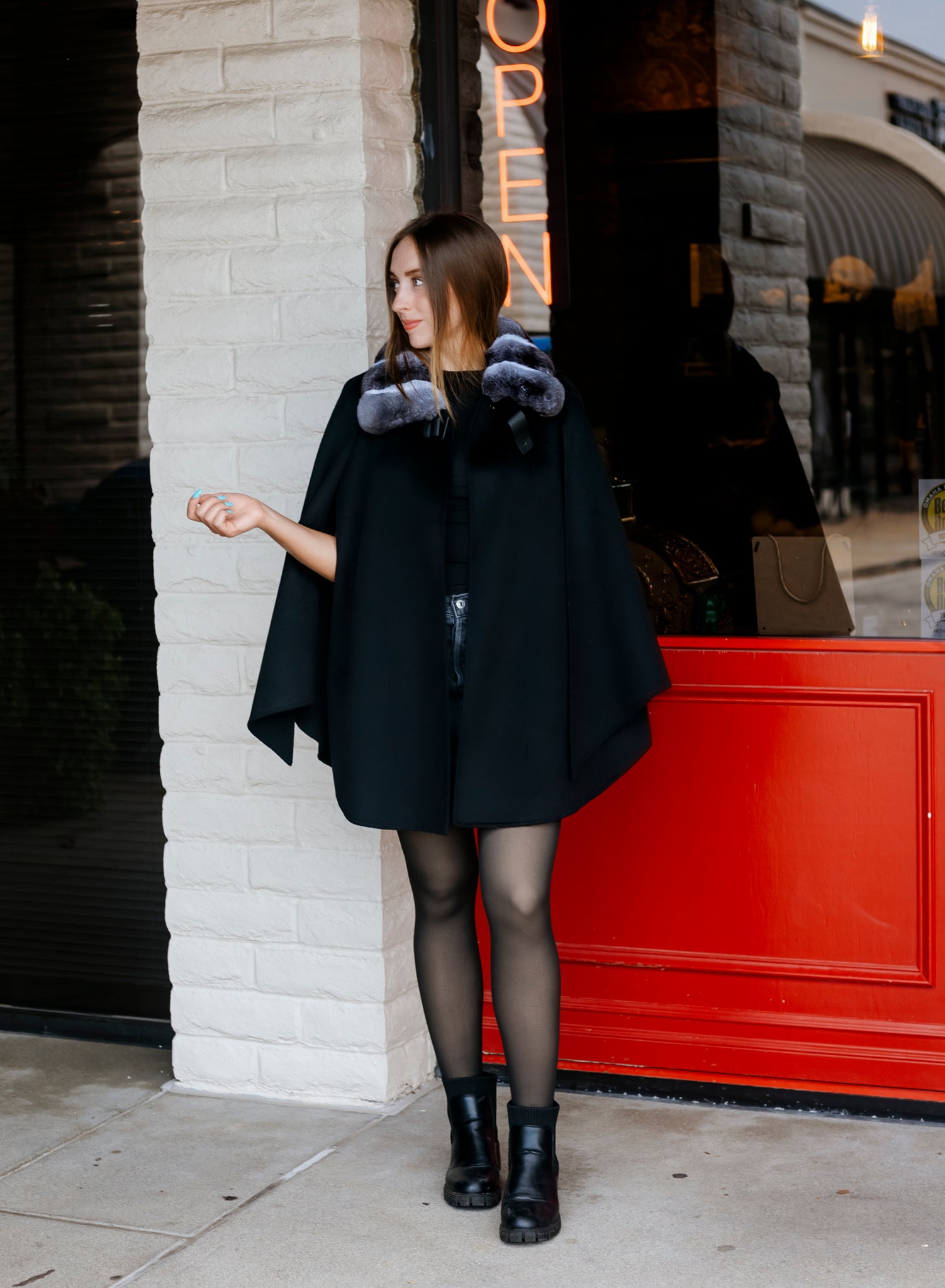 Dyed Black Cashmere W/ Chinchilla Trim Cape