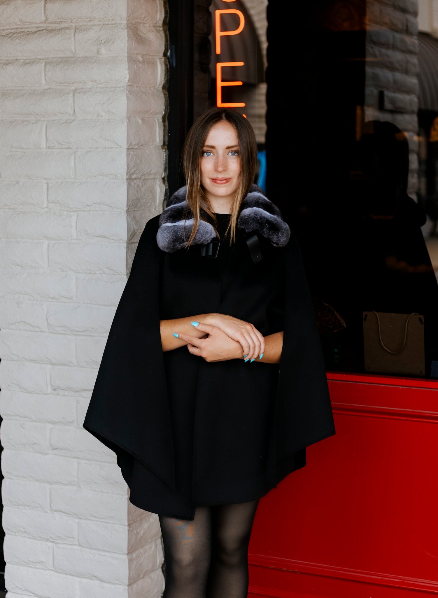Dyed Black Cashmere W/ Chinchilla Trim Cape