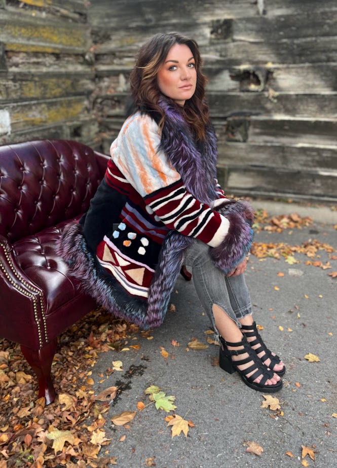 Multi-colored sheared beaver jacket with multicolored fox