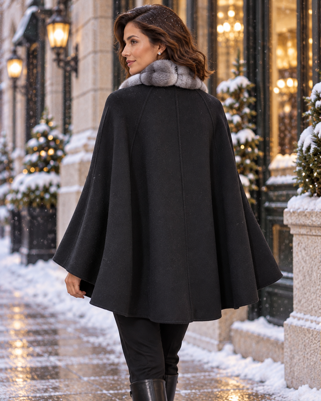 Black Cape with Gray Fur Collar — back view on model