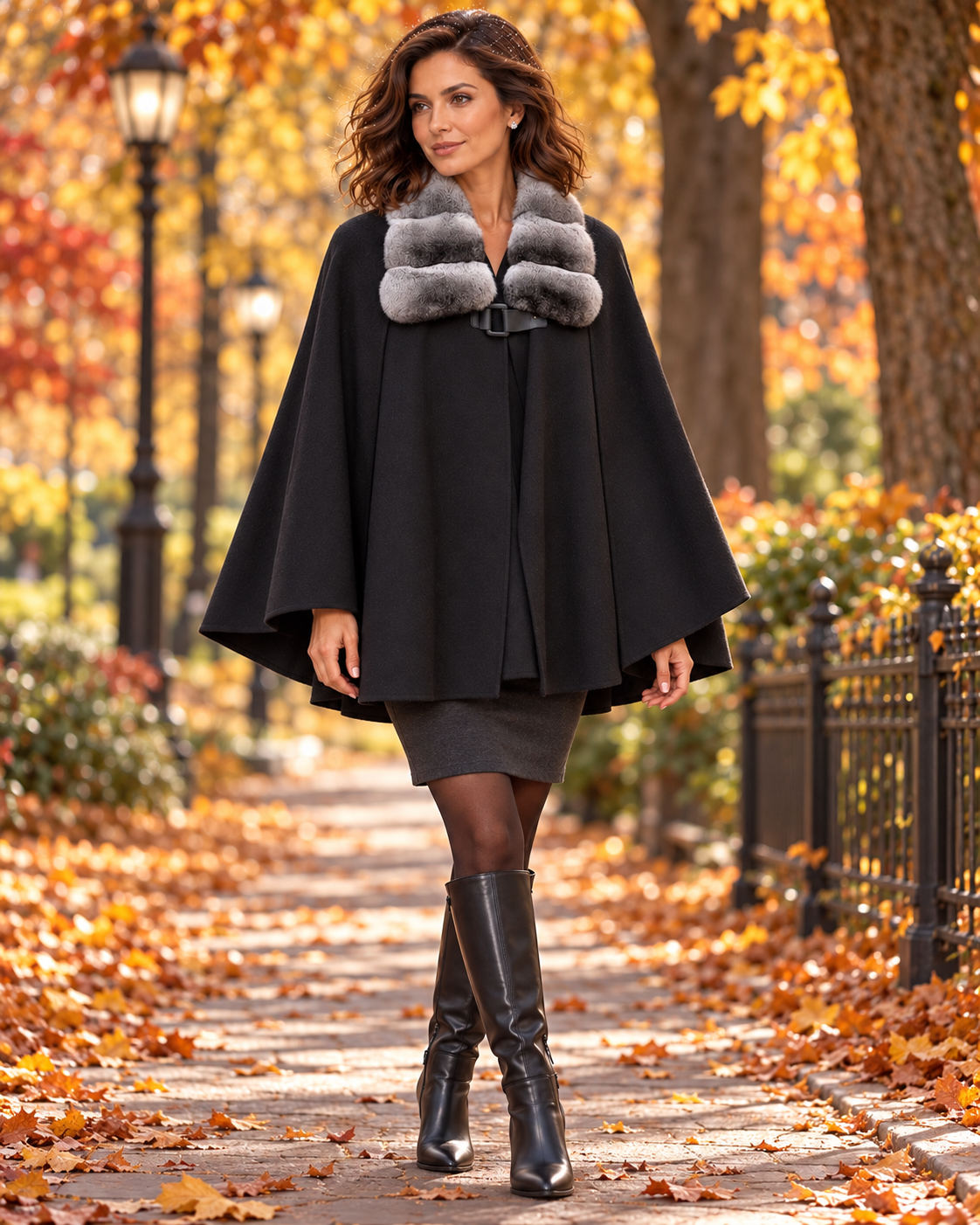 Black cashmere cape with natural gray chinchilla collar styled in an autumn park