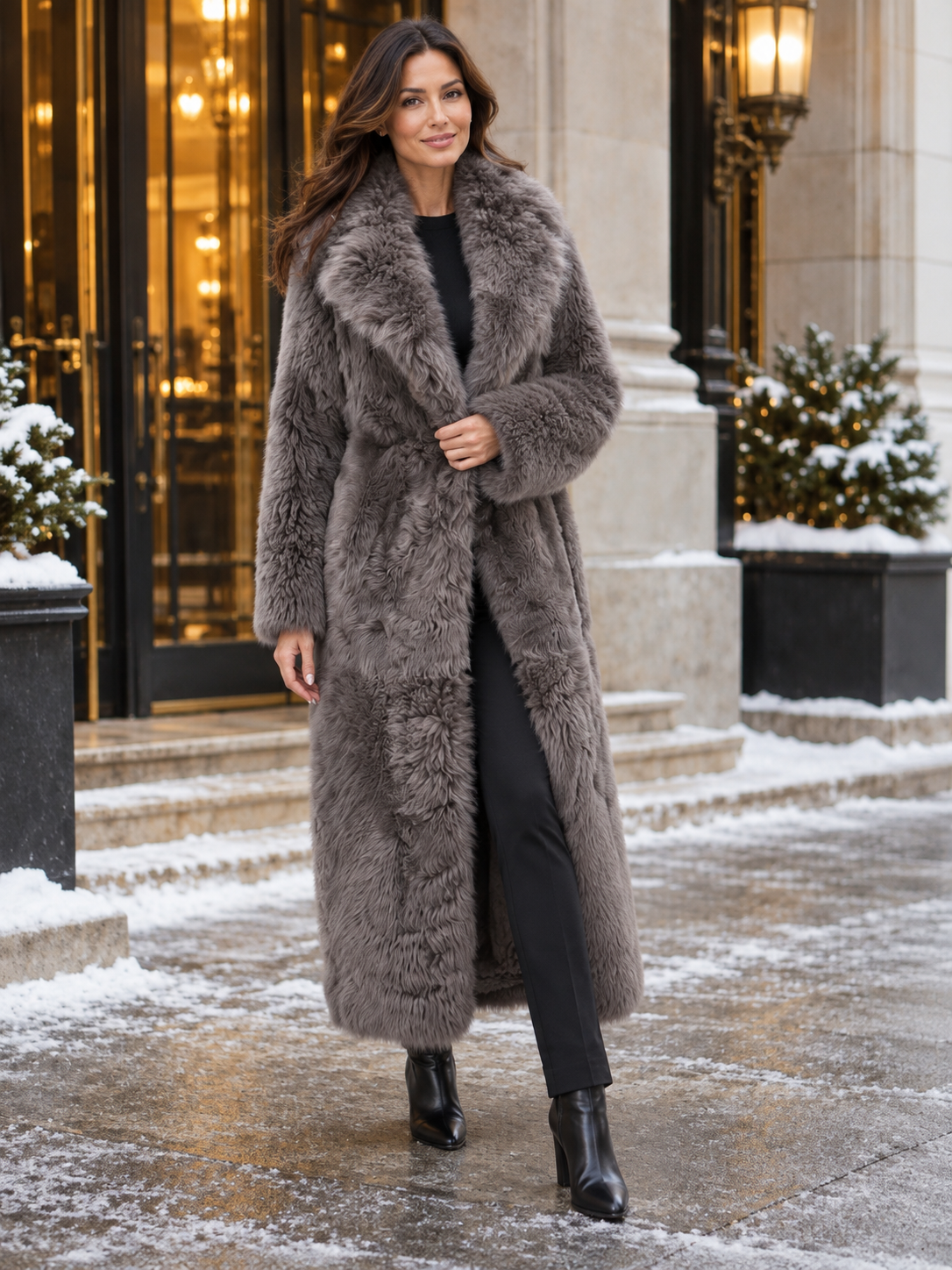 Camel Reversible Shearling Coat — fur side, front view