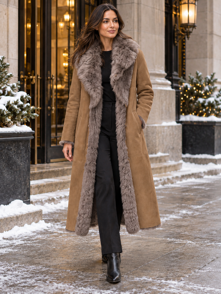 Camel Reversible Shearling Coat — suede side on model