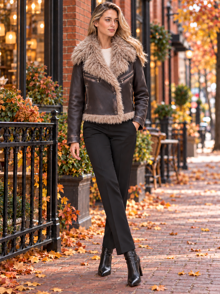 Distressed Leather Jacket with Curly Fur Collar — relaxed fit front view in autumn setting