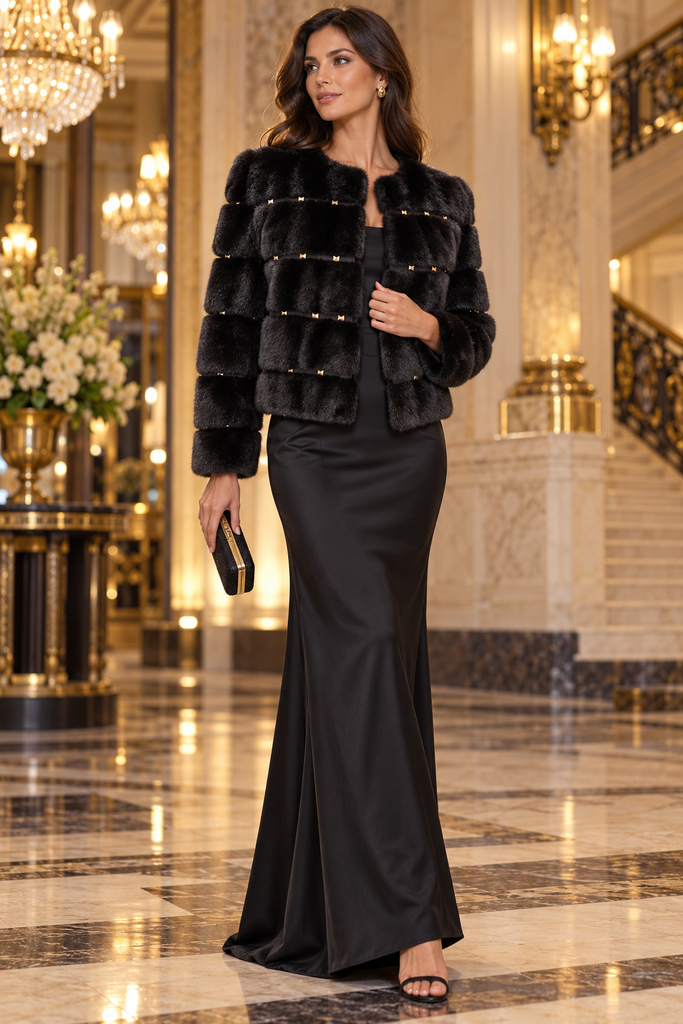 Dyed black mink horizontal studded bolero styled with a formal gown in a luxury hotel