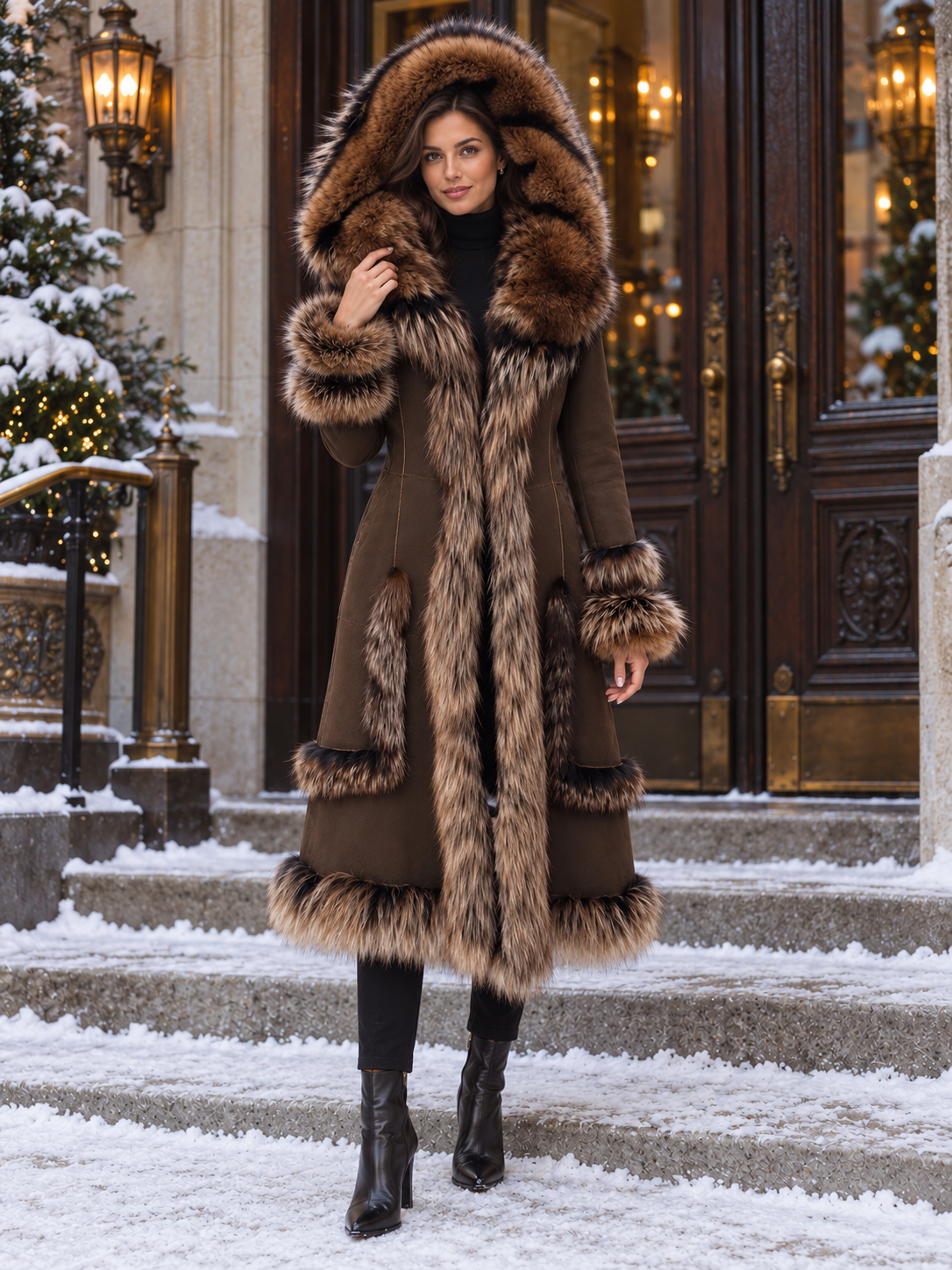 Long Brown Coat with Fur Cape Collar and Trim — front hood up on model