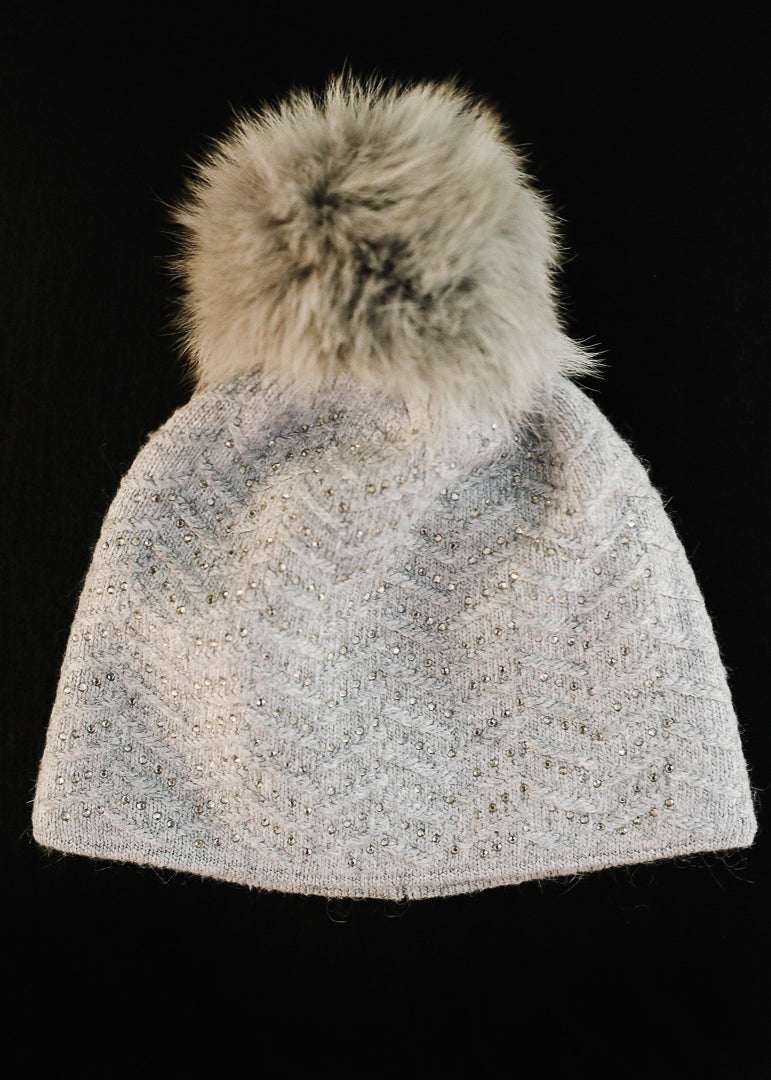 Grey Knit Jeweled Hat w/ Fox Trim Pom