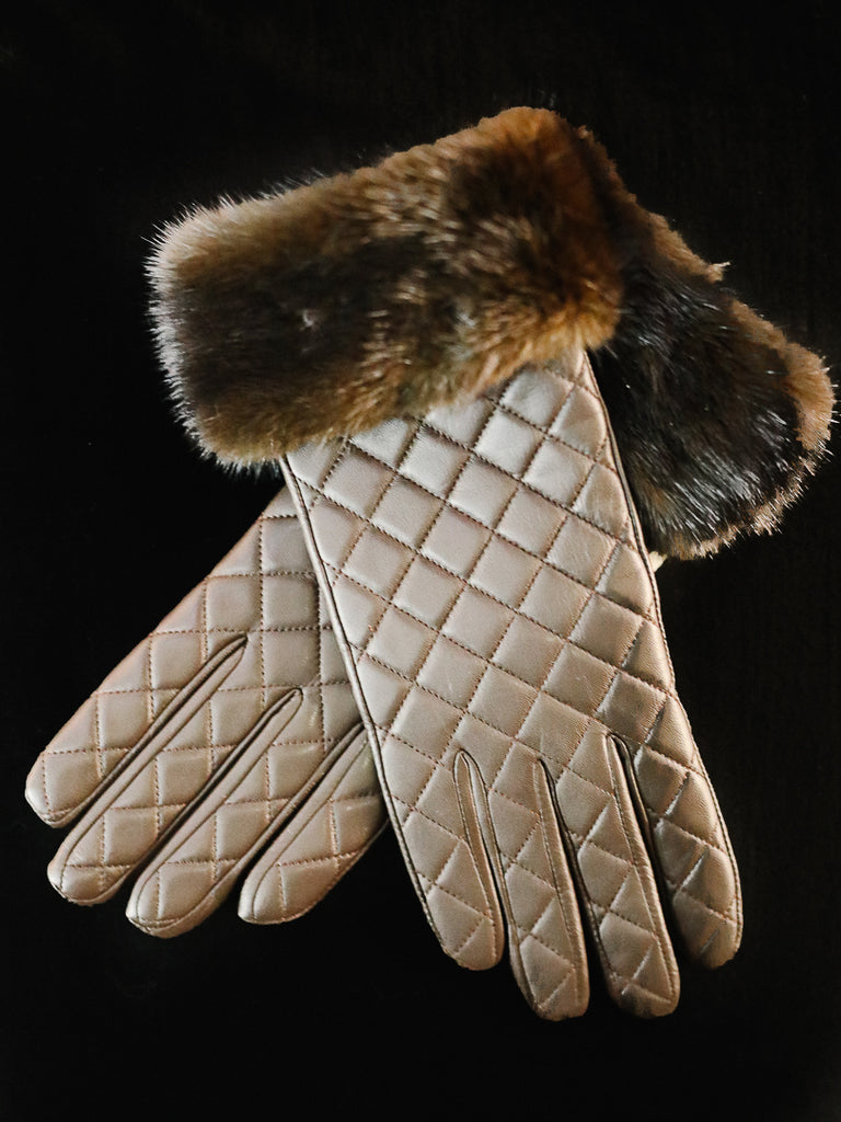 Dyed Brown Leather Gloves w/ Mink Trim - Size 8