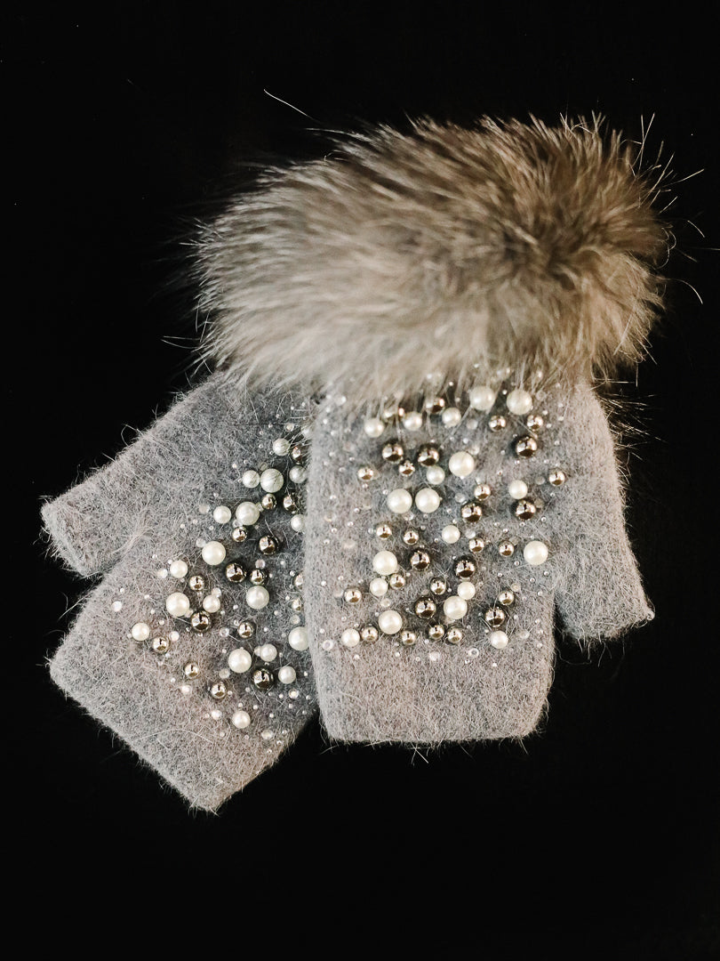 Grey Jeweled Knit Hand Warmer w/ Fox Trim