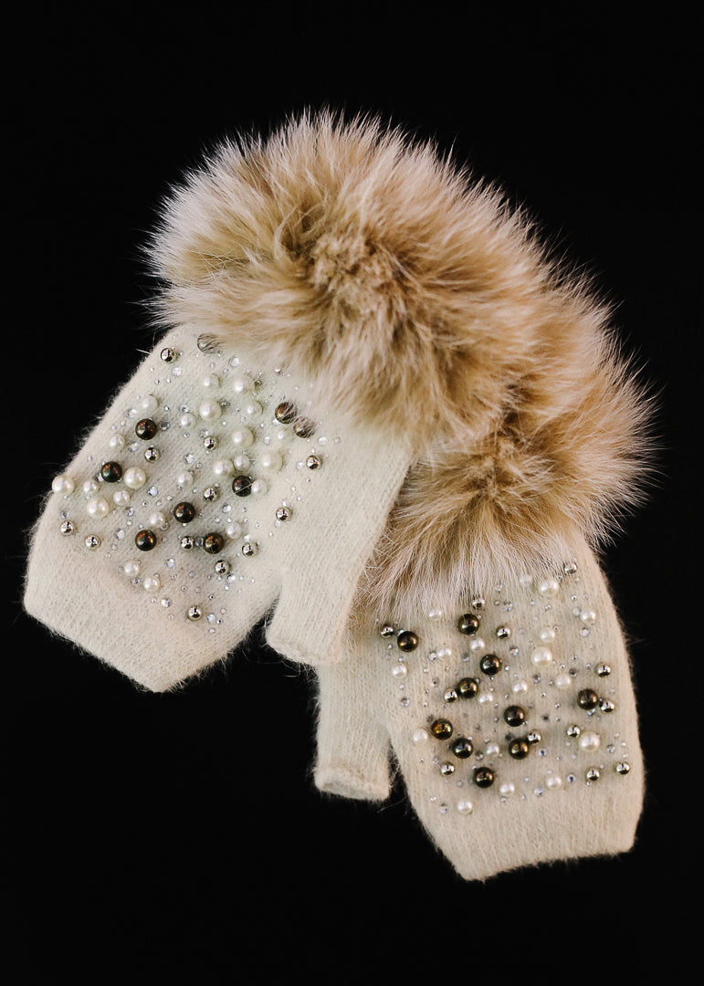 White Jeweled Knit Hand Warmer w/ Fox Trim