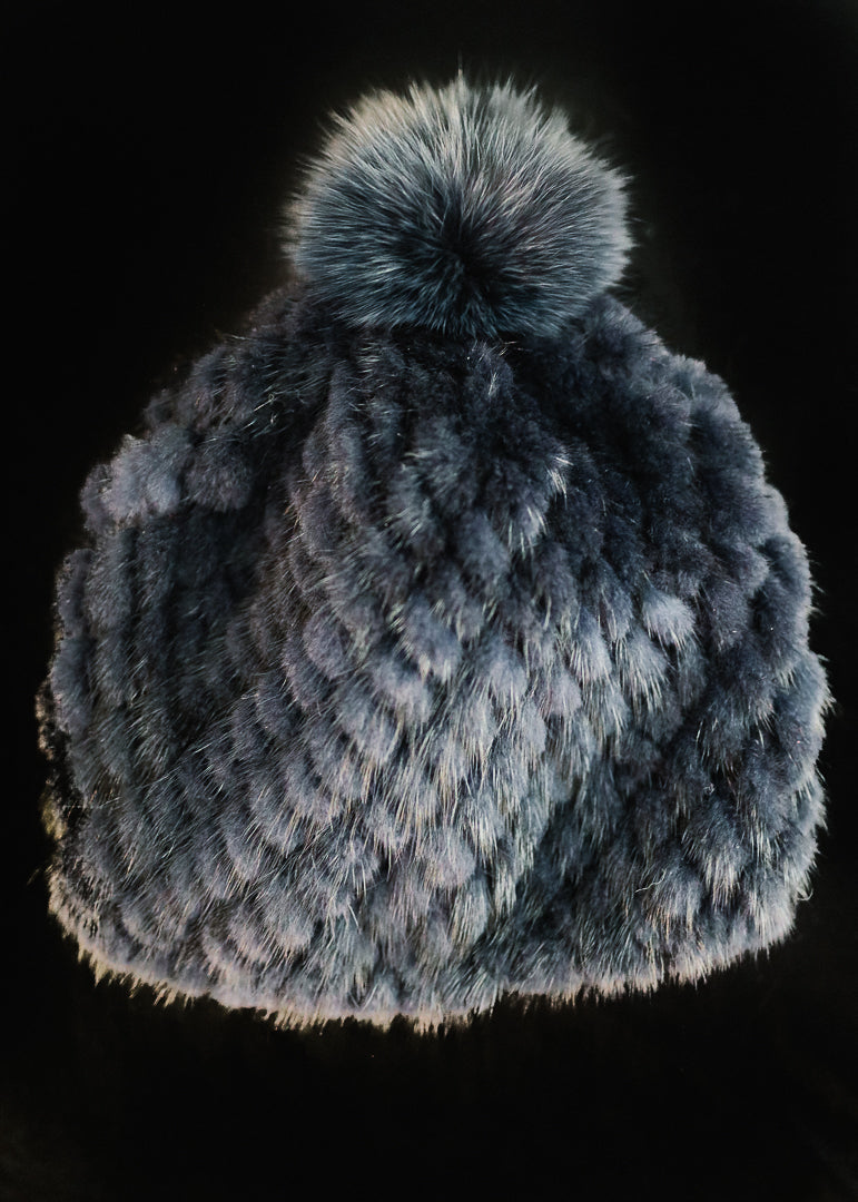 Grey Knit Mink Hat w/ Fox Trim Pom