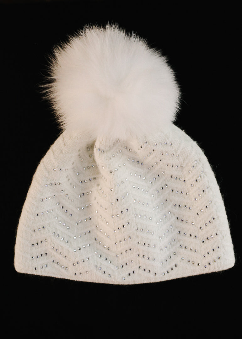 White Knit Jeweled Hat w/ Fox Trim Pom