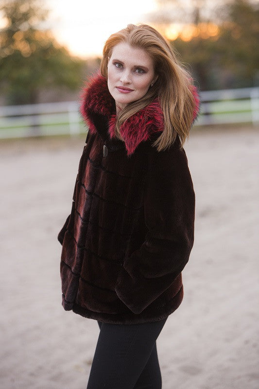 Dyed Fiesta Sheared Beaver with Fox Trim Hooded Fur Jacket