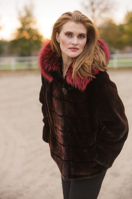 Dyed Fiesta Sheared Beaver with Fox Trim Hooded Fur Jacket