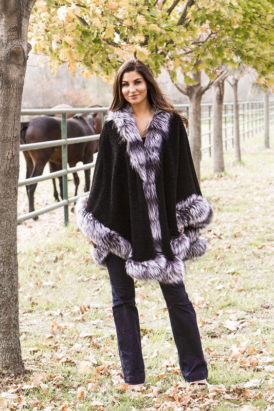 Dyed Black Alpaca with Silver Fox Trim Cape