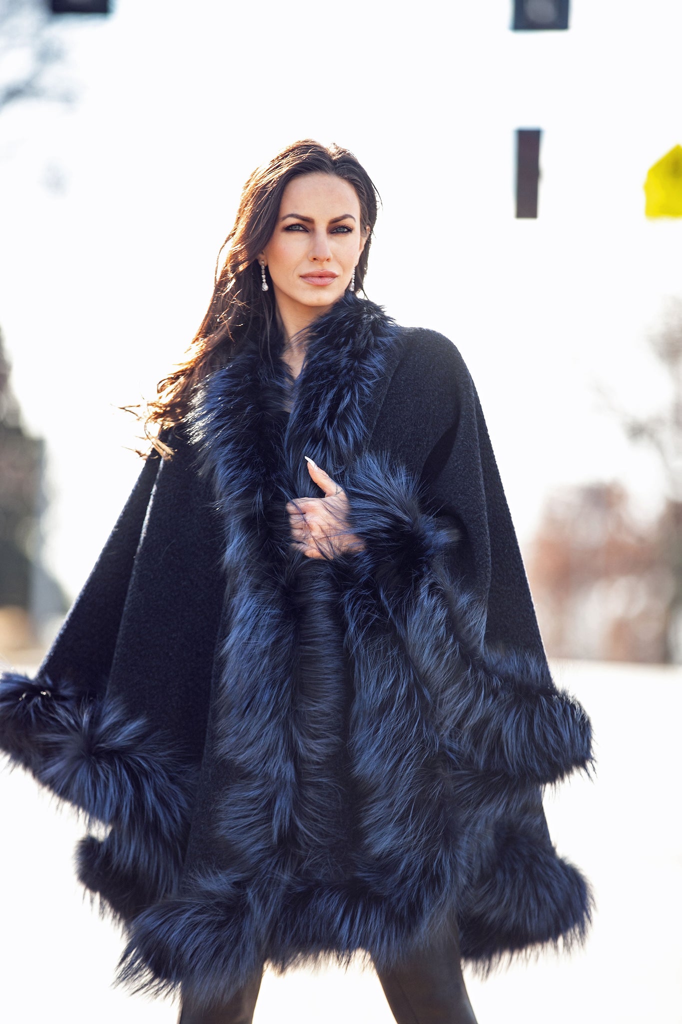 Fox Trim Dyed Navy Blue Alpaca with Fox Trimmed Cape – Christian Nobel Furs