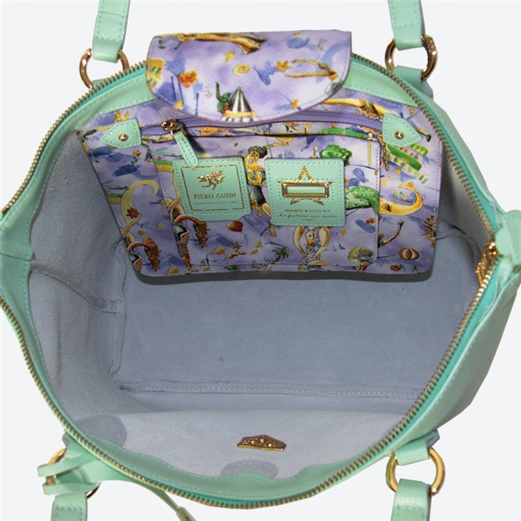 Piero Guidi Magic Circus Cherie Leather- 12 x 9 x5 in. Aqua Green Tote